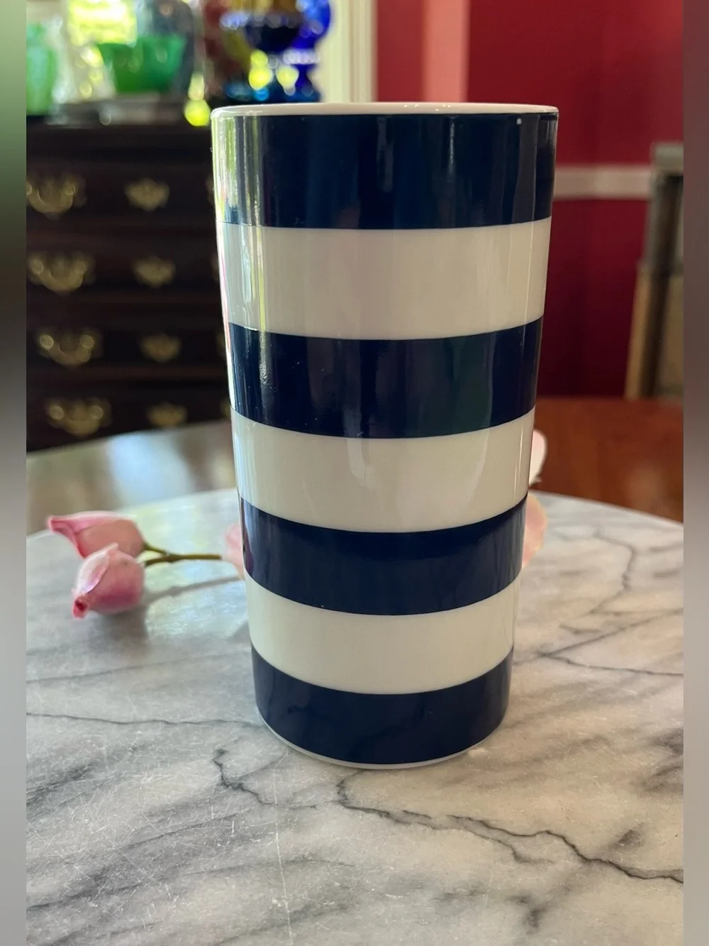 West Elm Nautical Blue & White Striped Ceramic Bud Vase / Bathroom Tumbler